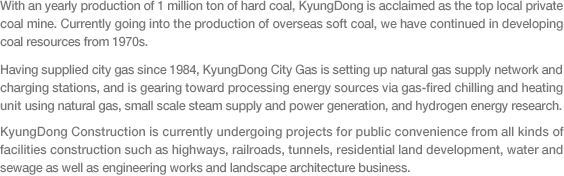 With an yearly production of 1 million ton of hard coal, KyungDong is acclaimed as the top local private coal mine. Currently going into the production of overseas soft coal, we have continued in developing coal resources from 1970s. Having supplied city gas since 1984, KyungDong City Gas is setting up natural gas supply network and charging stations, and is gearing toward processing energy sources via gas-fired chilling and heating unit using natural gas, small scale steam supply and power generation, and hydrogen energy research. KyungDong Construction is currently undergoing projects for public convenience from all kinds of facilities construction such as highways, railroads, tunnels, residential land development, water and sewage as well as engineering works and landscape architecture business.